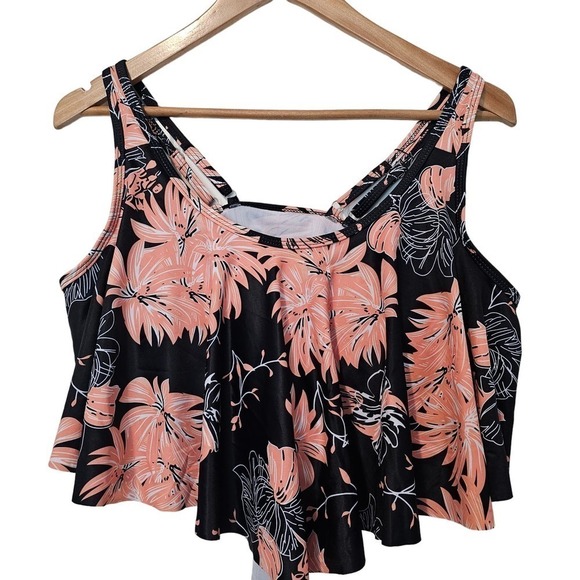 Floral Swimsuit Pink Black Swimsuit Top Size Large Bikini Adjustable Straps - Picture 1 of 9